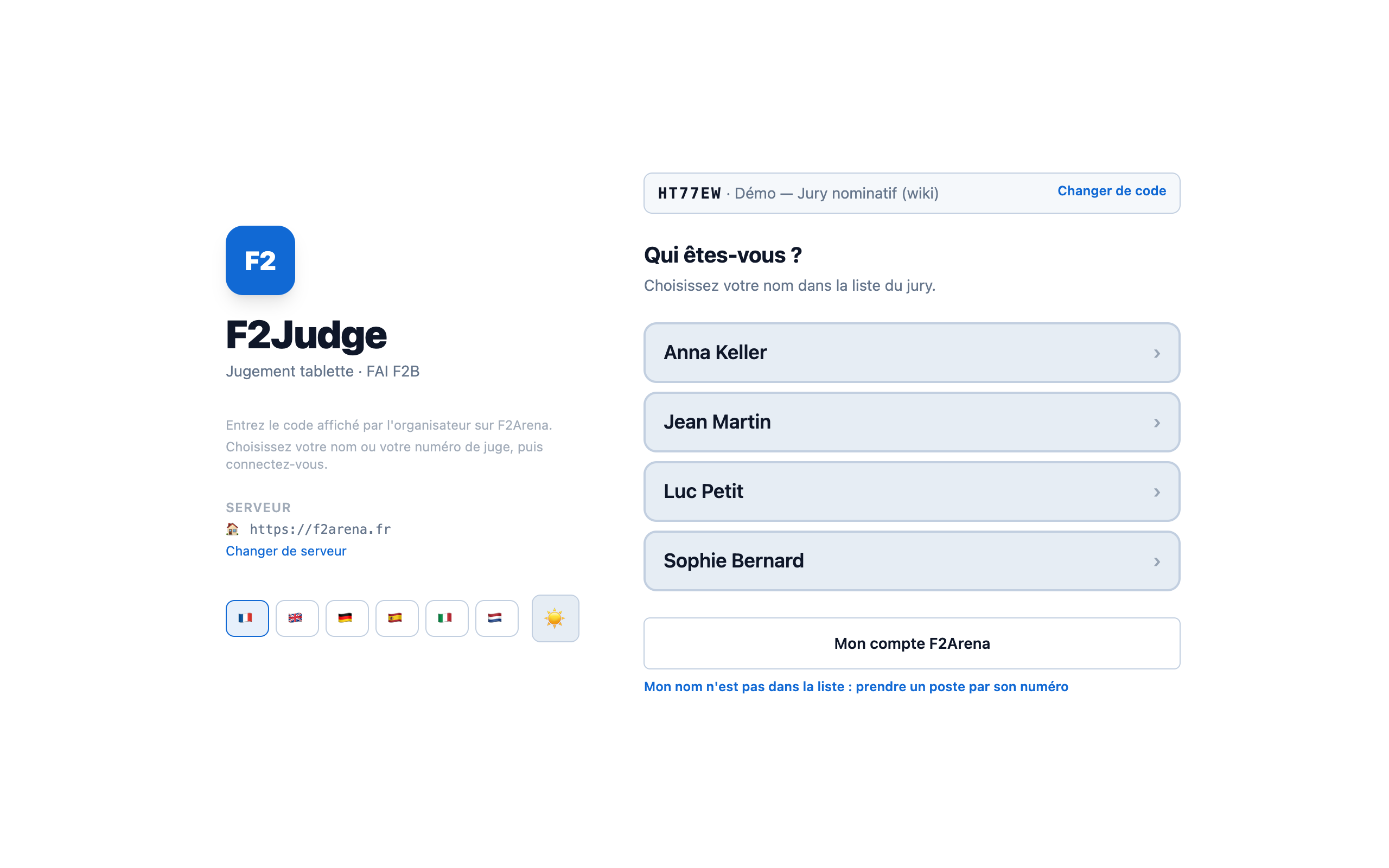 écran « Qui êtes-vous ? » : le code de la catégorie, la liste des juges du jury à toucher, le bouton « Mon compte F2Arena » et le lien vers le choix par numéro