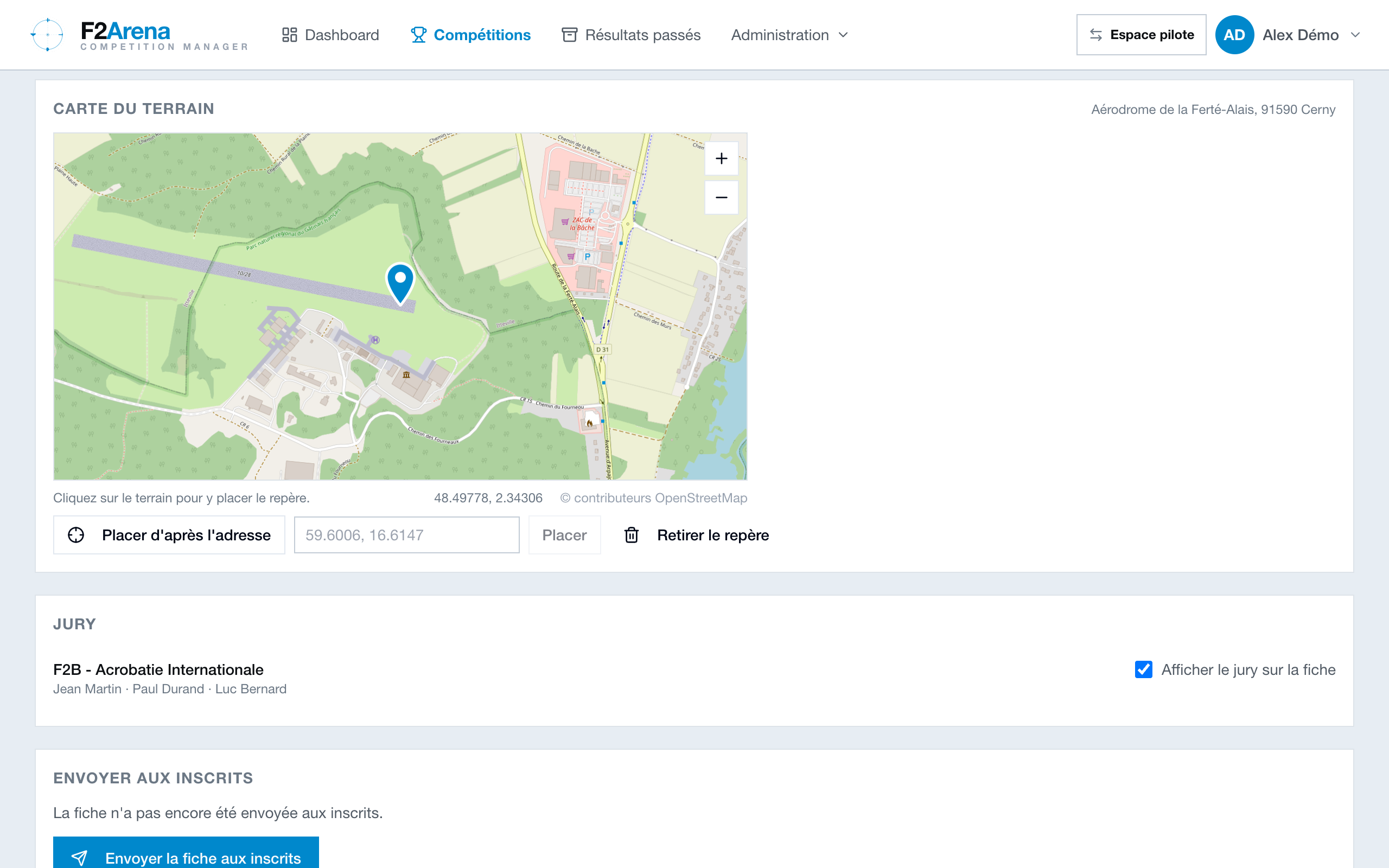 carte du terrain : le repère se place d'un clic