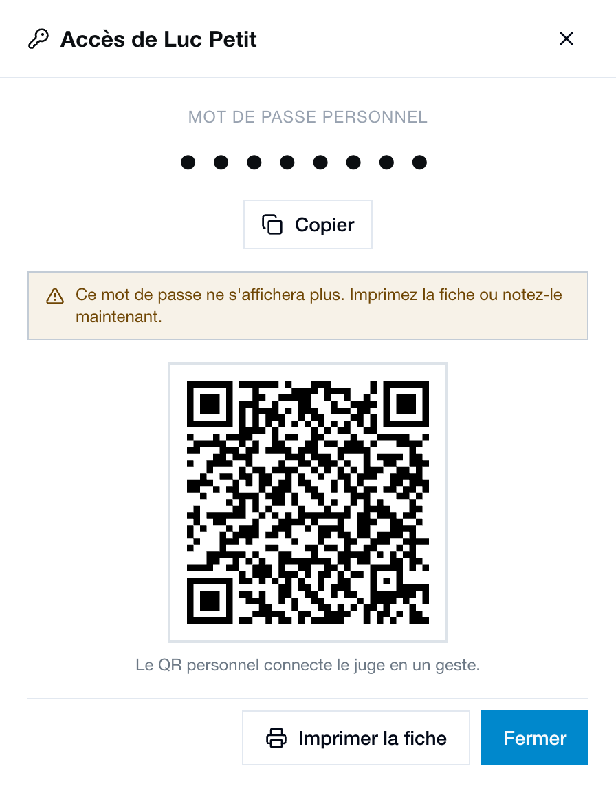fenêtre de l'accès d'un juge : mot de passe personnel affiché une seule fois, QR personnel, boutons Imprimer la fiche et Fermer