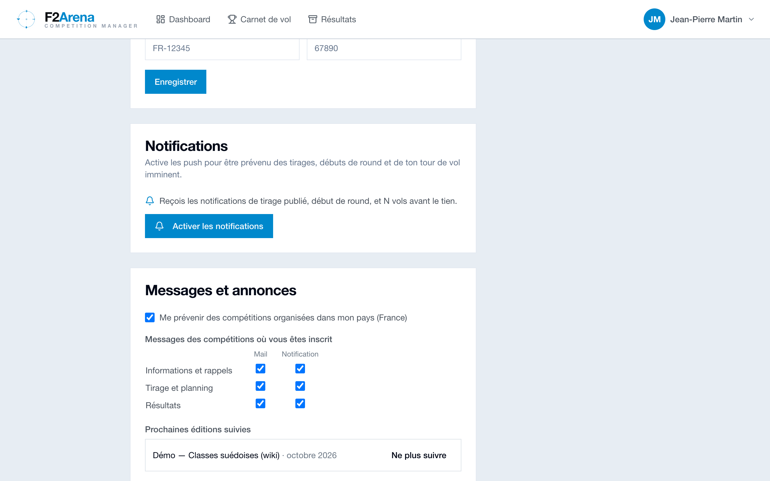 réglages pilote, section Messages et annonces